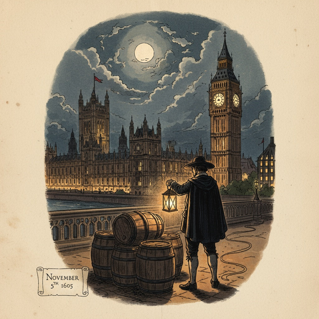 Vintage illustration of the Houses of Parliament at night with a shadowy Guy Fawkes holding a lantern and standing near barrels of gunpowder.
