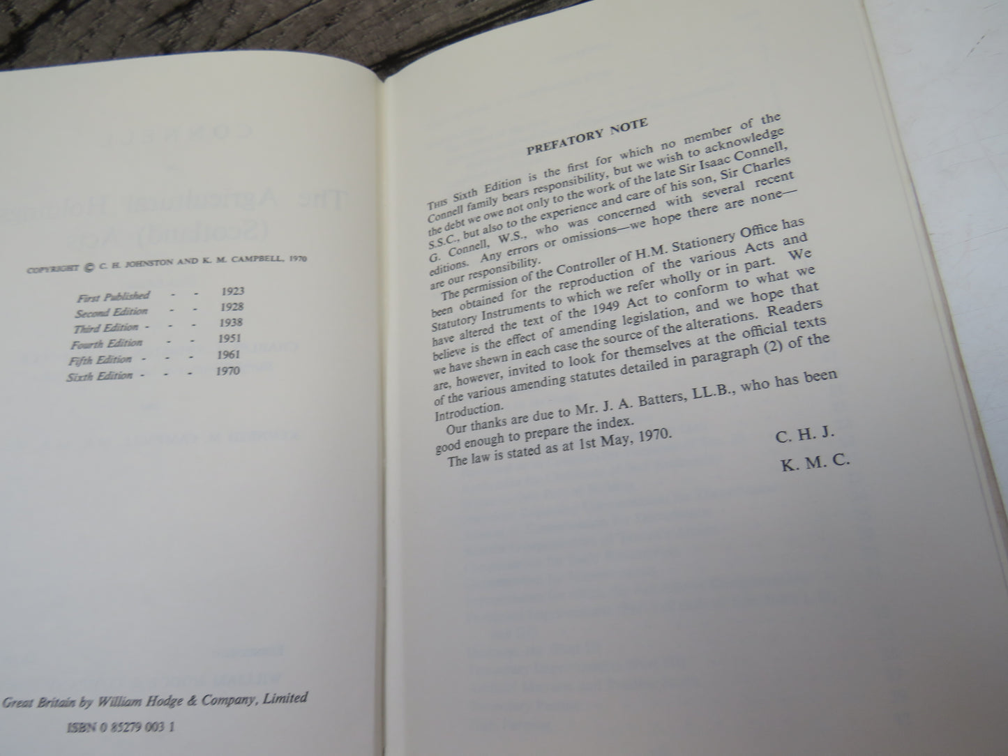Connell On The Agricultural Holdings (Scotland) Acts By Charles H. Johnston and Kenneth M. Campbell 1970