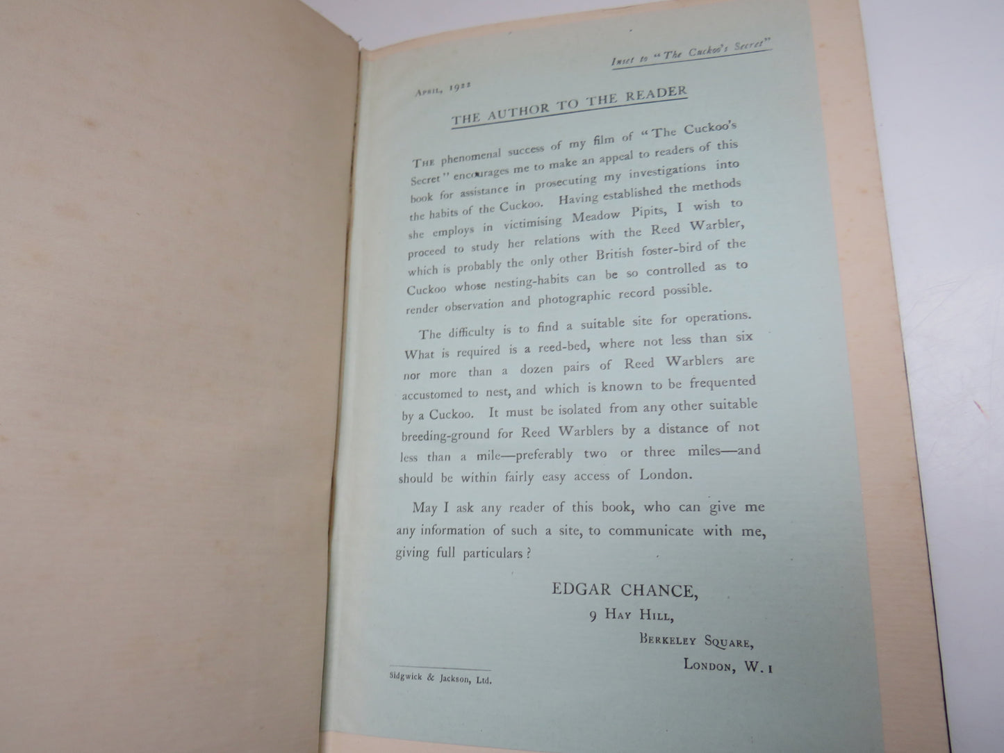 The Cuckoo's Secret By Edgar Chance 1922