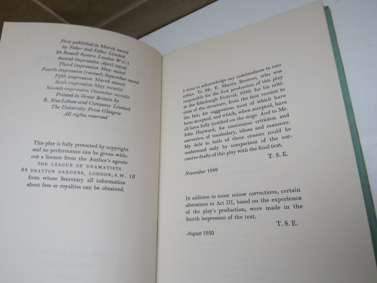 The Cocktail Party A Comedy By T.S. Eliot 1954