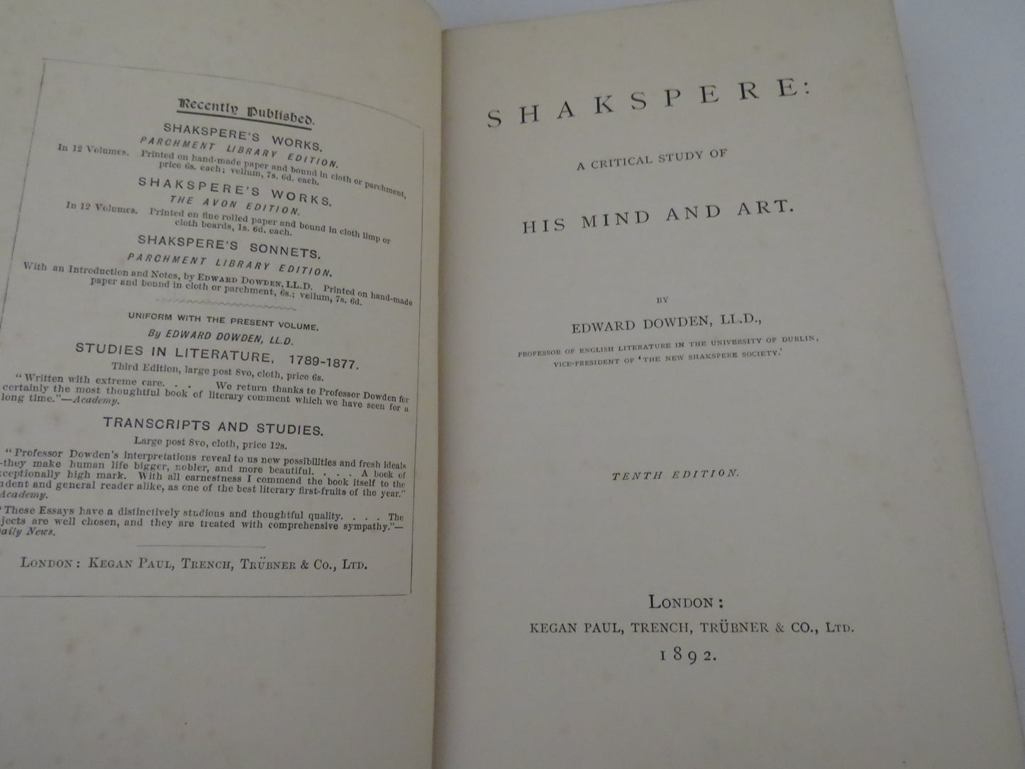 Shakspere A Critical Study of His Mind and Art By Edward Dowden 1892 - Shakespeare