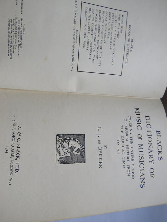 Black's Dictionary of Music & Musicians By L.J. Bekker 1924