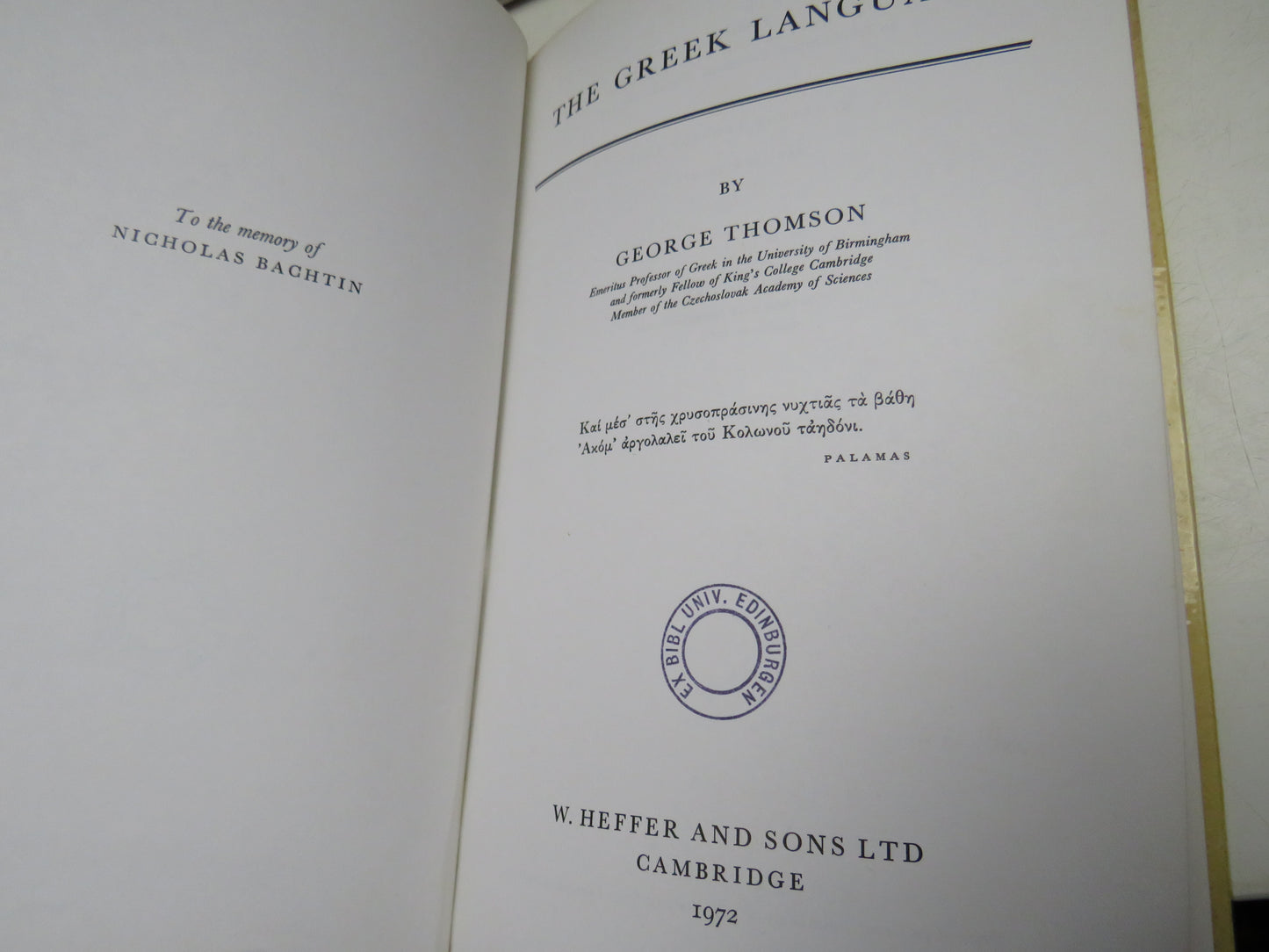 The Greek Language by George Thomson, 1972, Vintage Book