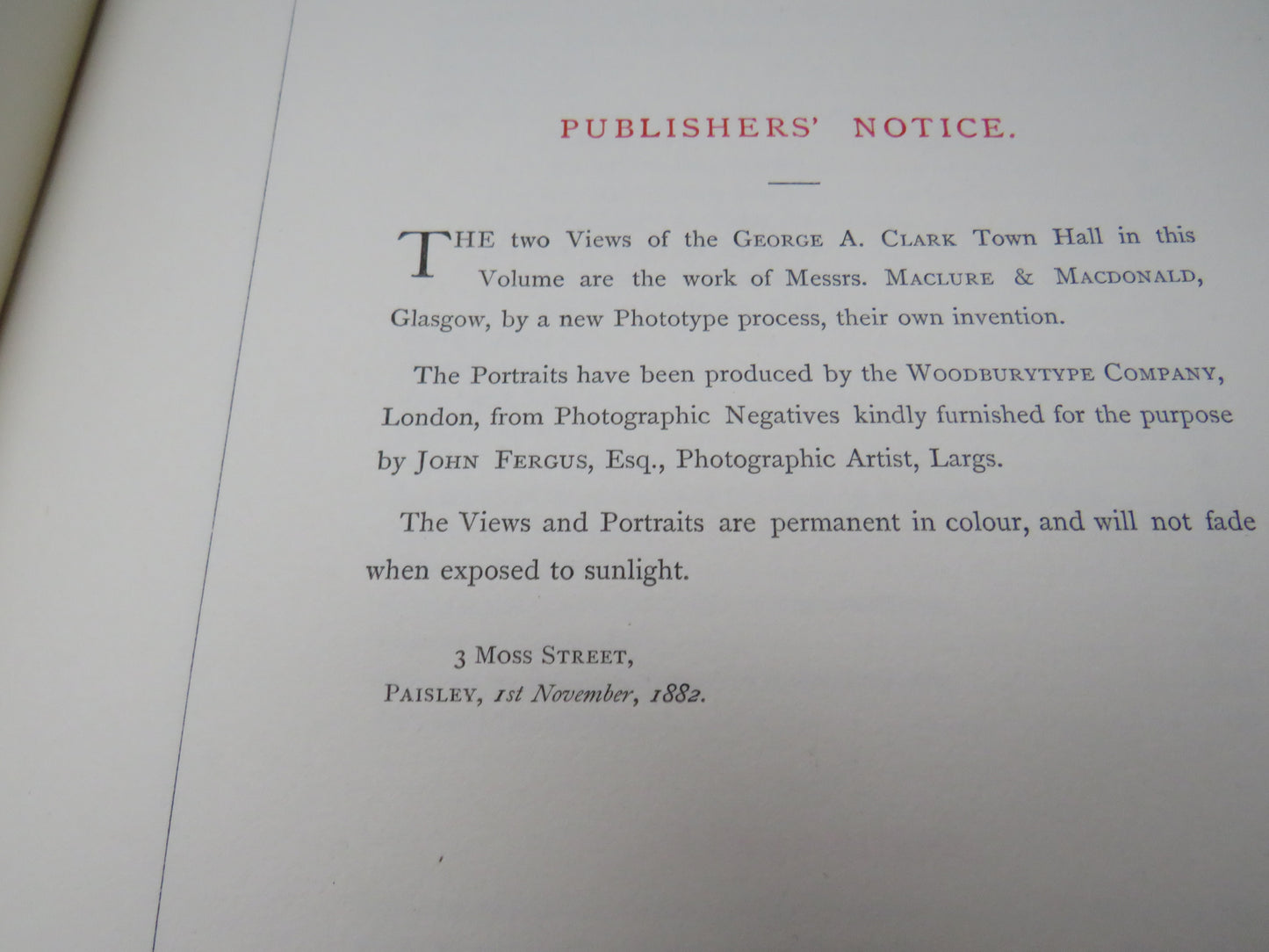 The Inauguration of the George A. Clark Town Hall, Paisley, with Phototype and Woodburytype Illustrations and Portraits, 1882, No. 6 Family Edition, Rare Book