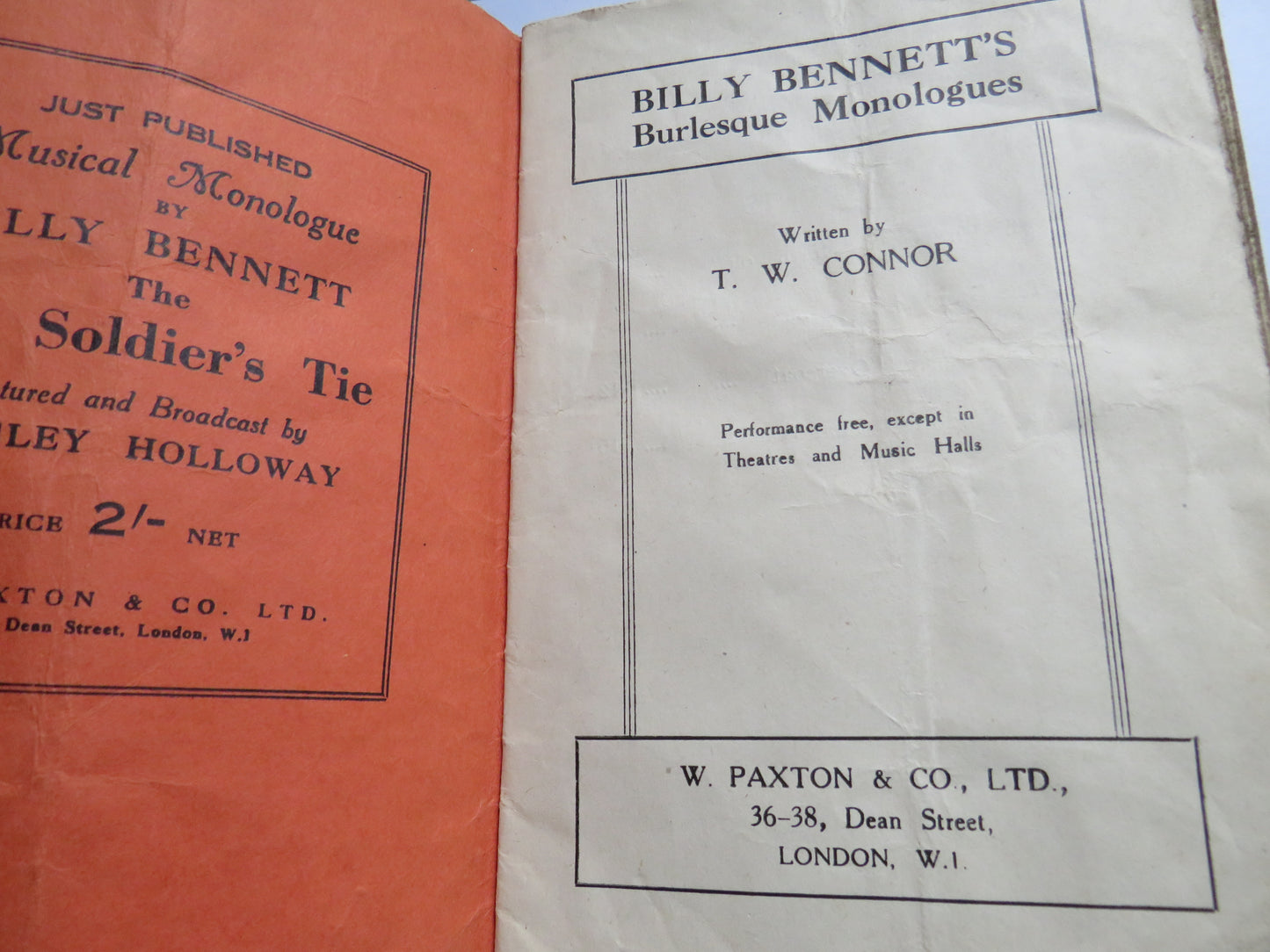 Billy Bennett's Burlesque Monologues Written By T.W. Connor 2nd Book