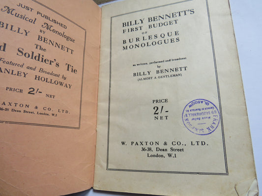 Billy Bennett's First Budget of Burlesque Monologues By Billy Bennett