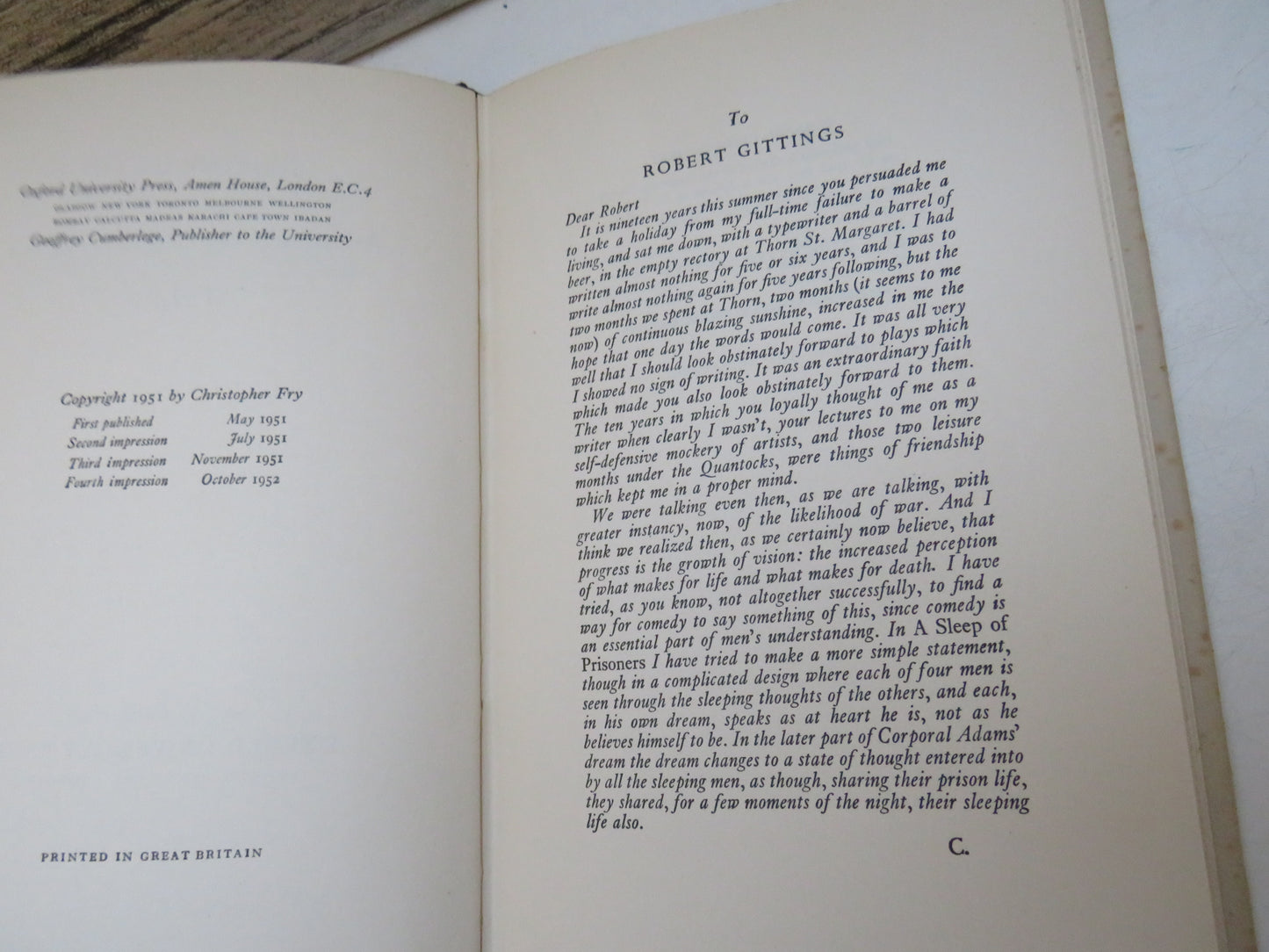 A Sleep of Prisoners, A Play, by Christopher Fry, 1952