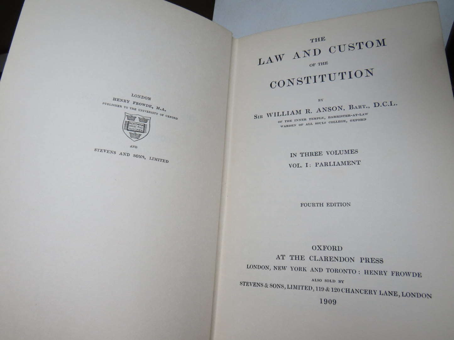 The Law and Custom Of The Constitution By Sir William R. Anson 1907