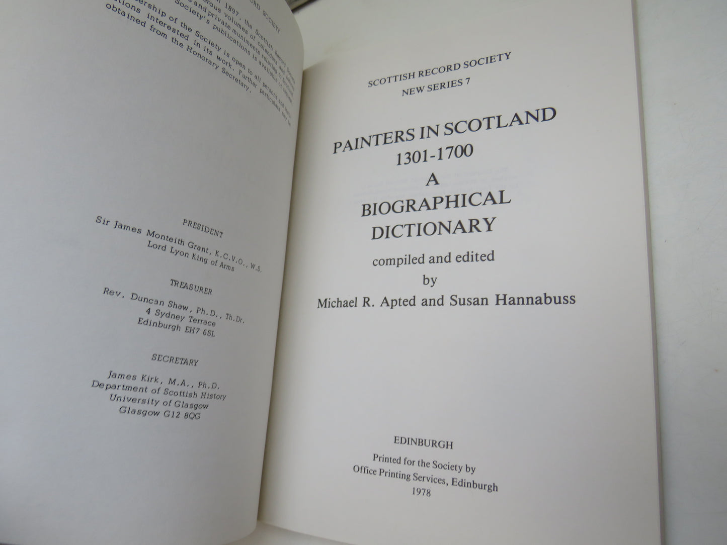 Painters In Scotland 1301-1700: A Biographical Dictionary by Apted & Hannabus (Scottish Art Reference Book, 1978)