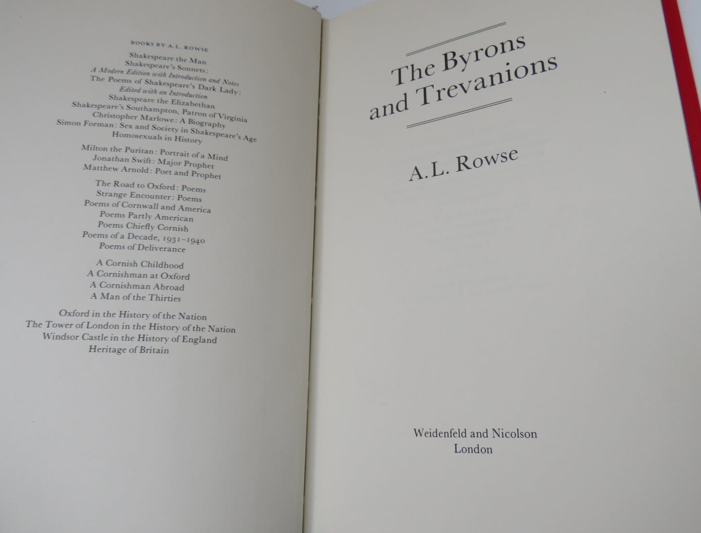 The Byrons and Trevanions By A.L. Rowse 1978