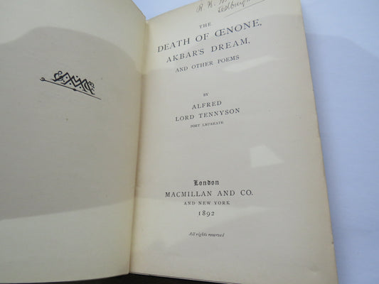 The Death of Cenone, Akbar's Dream, and Other Poems By Alfred Lord Tennyson 1892, Antique Book