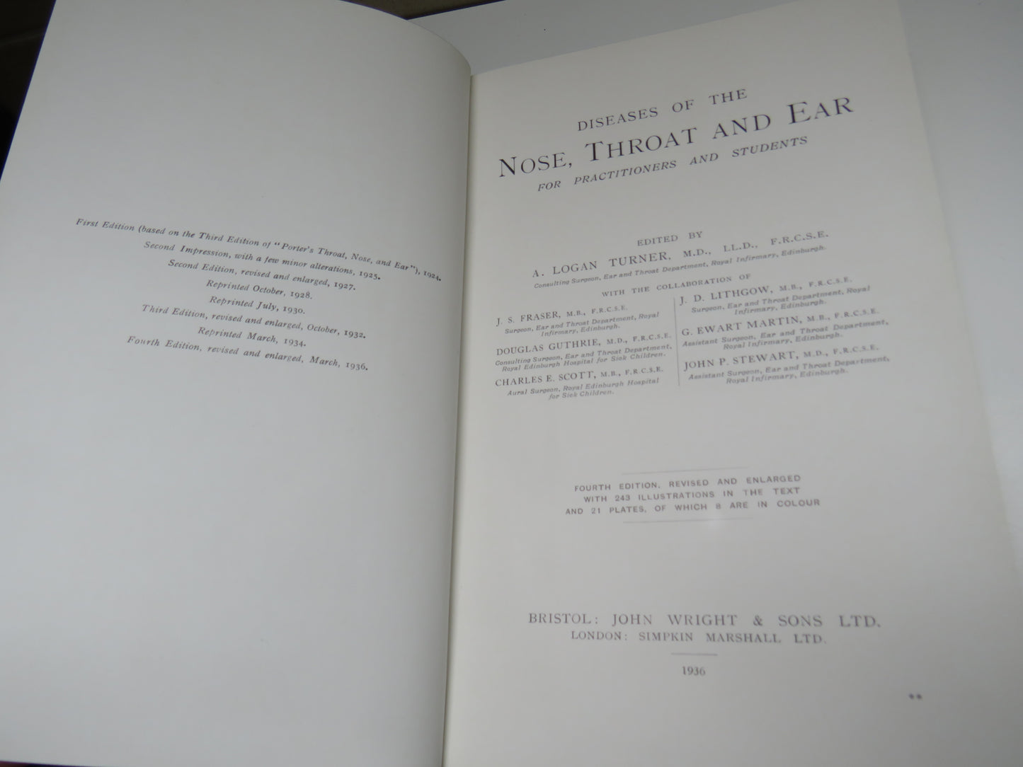 Diseases of the Nose, Throat and Ear For Practitioners and Students Edited By A. Logan Turner 1936