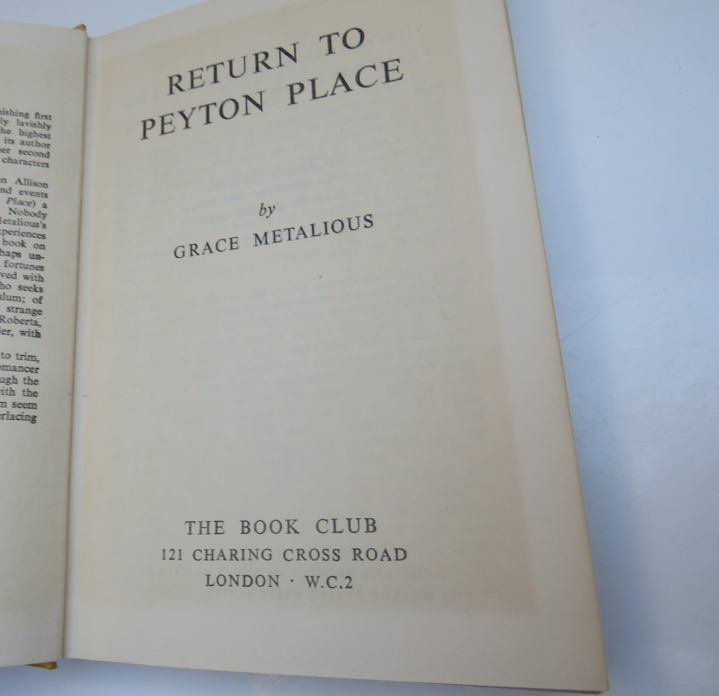 Return To Peyton Place By Grace Metalious 1960