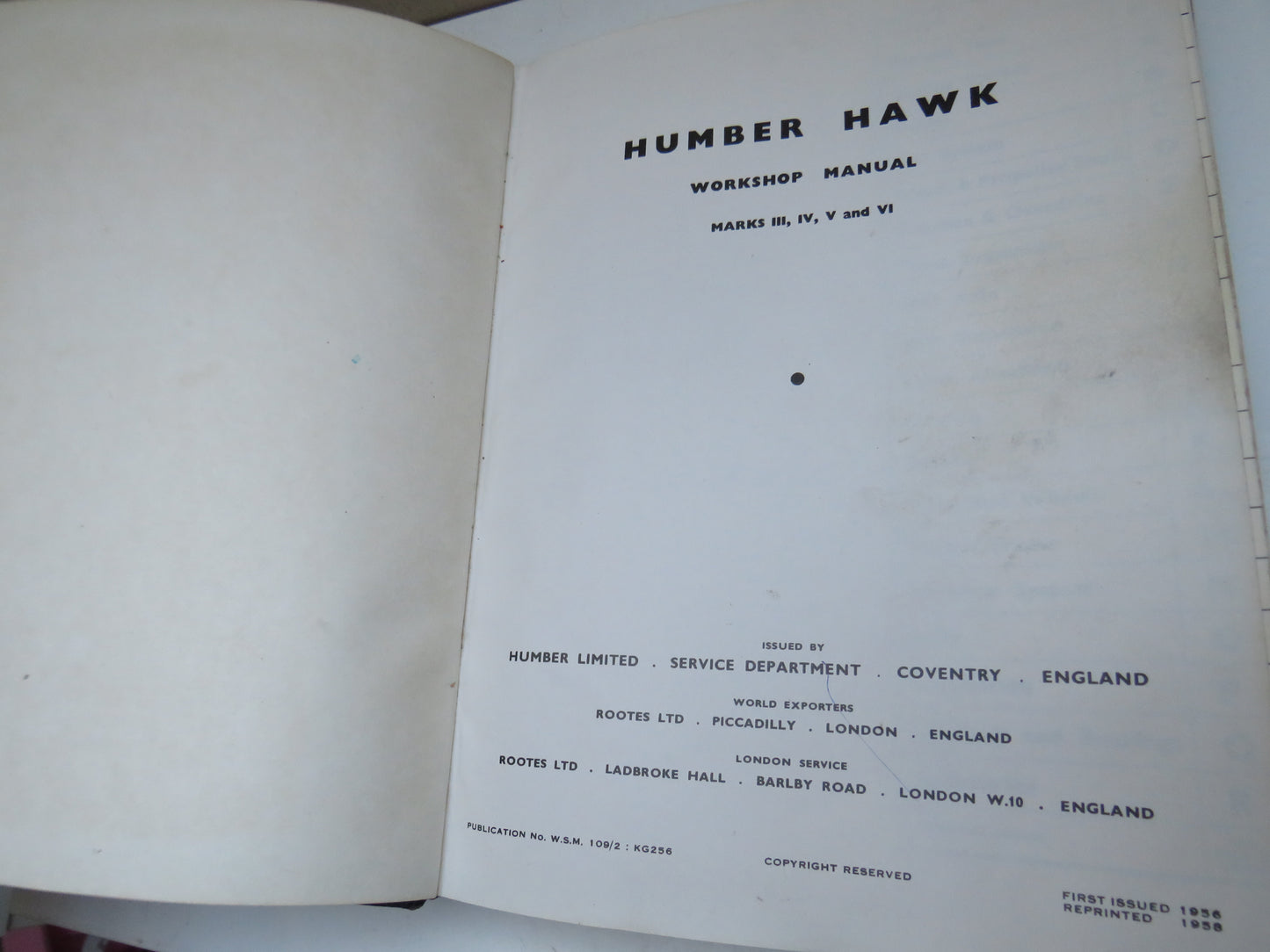 Humber Hawk Workshop Manual Marks III, IV, V and VI 1958