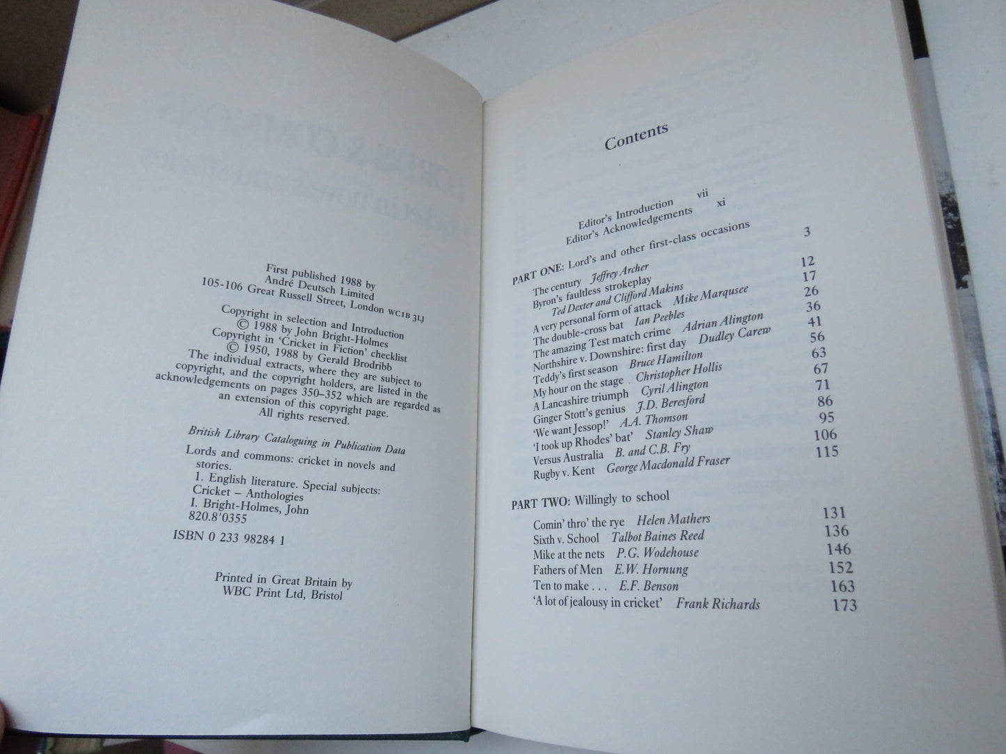 Lord's & Commons Cricket In Novels and Stories Edited By John Bright-Holmes 1988