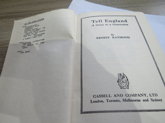 Tell England A Study In A Generation By Ernest Raymond 1930, Vintage Book