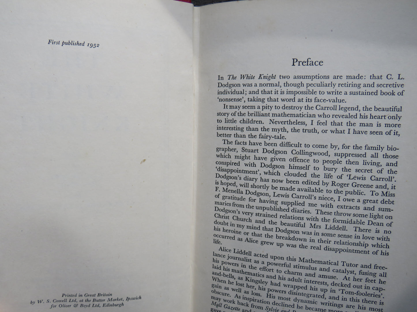 The White Knight, A Study of C. L. Dodgson (Lewis Carroll) by A. L. Taylor, 1952
