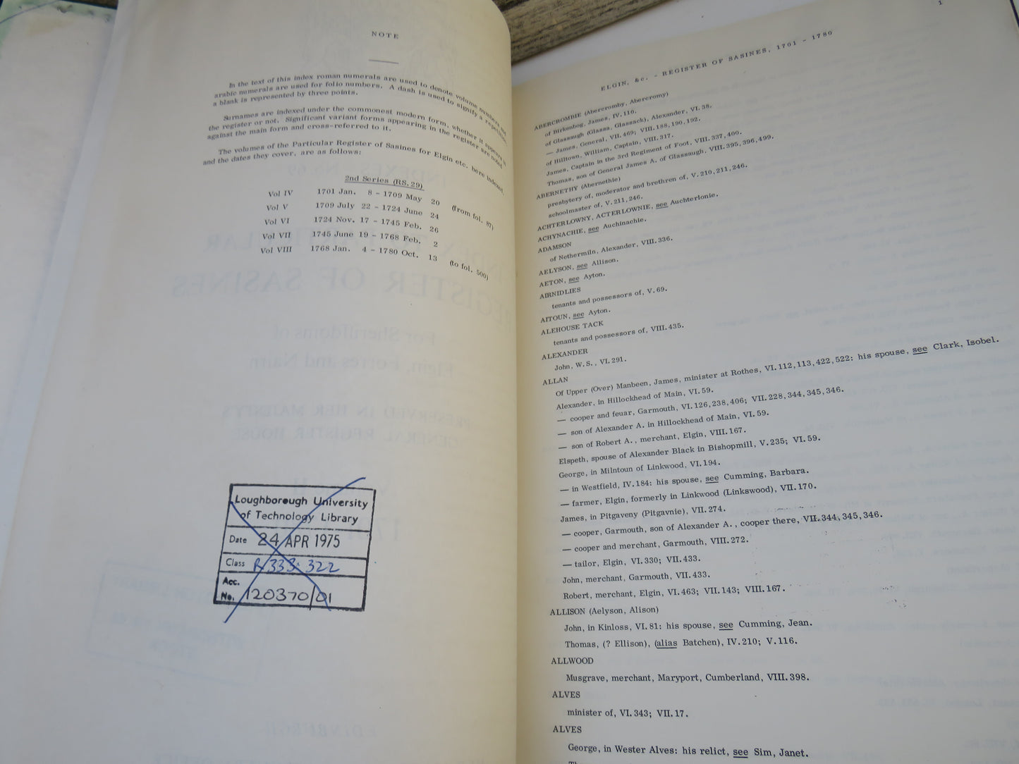 Index To Particular Register of Sasines For Sheriffdoms Of Elgin, Forres and Narin Volume II 1701-1780