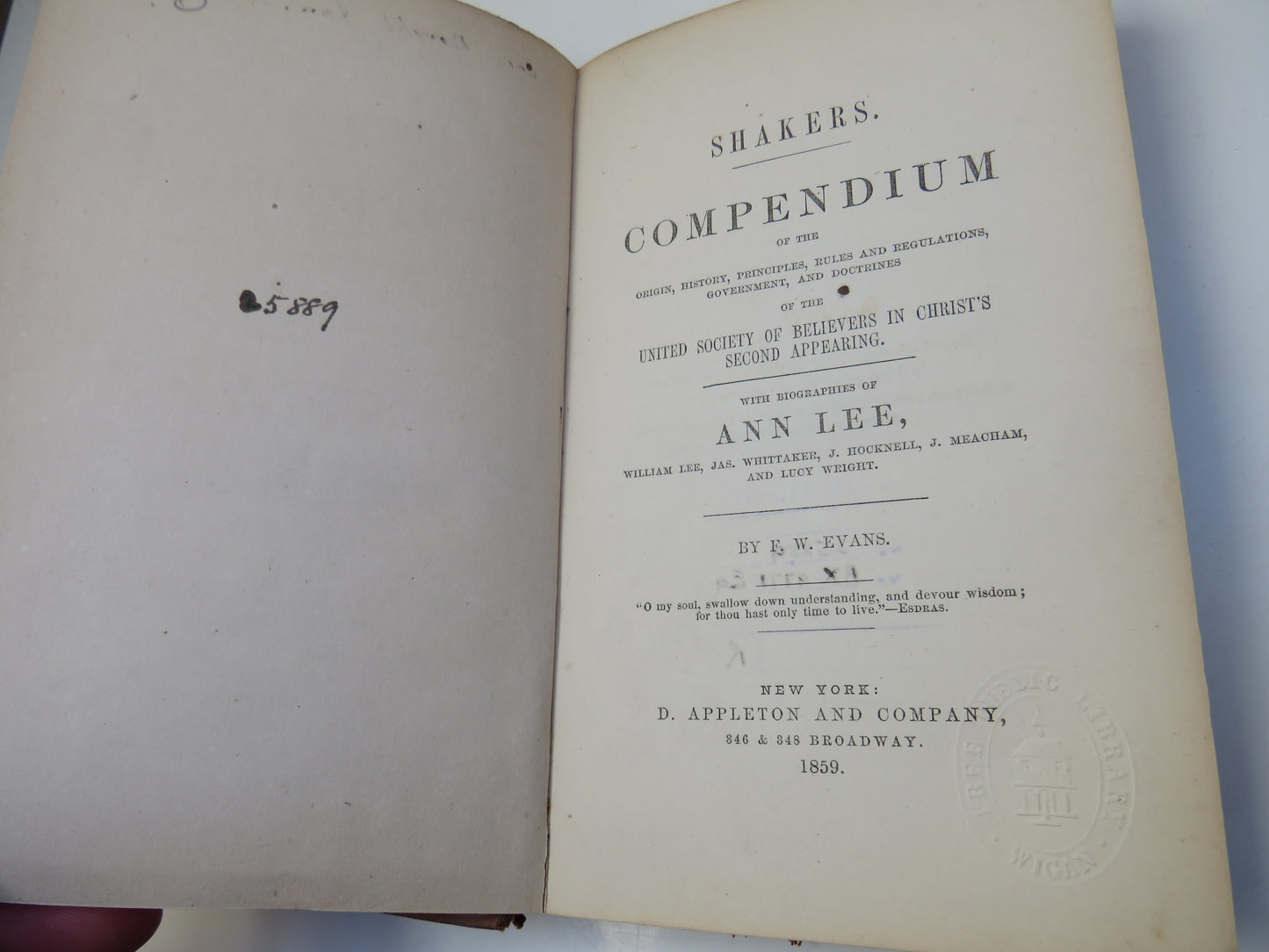 Shakers Compendium Of The Origin, History, Principles, Rules and Regulations, Government, and Doctrines of the United Society of Believers In Christs Second Appearing By F. W. Evans 1859