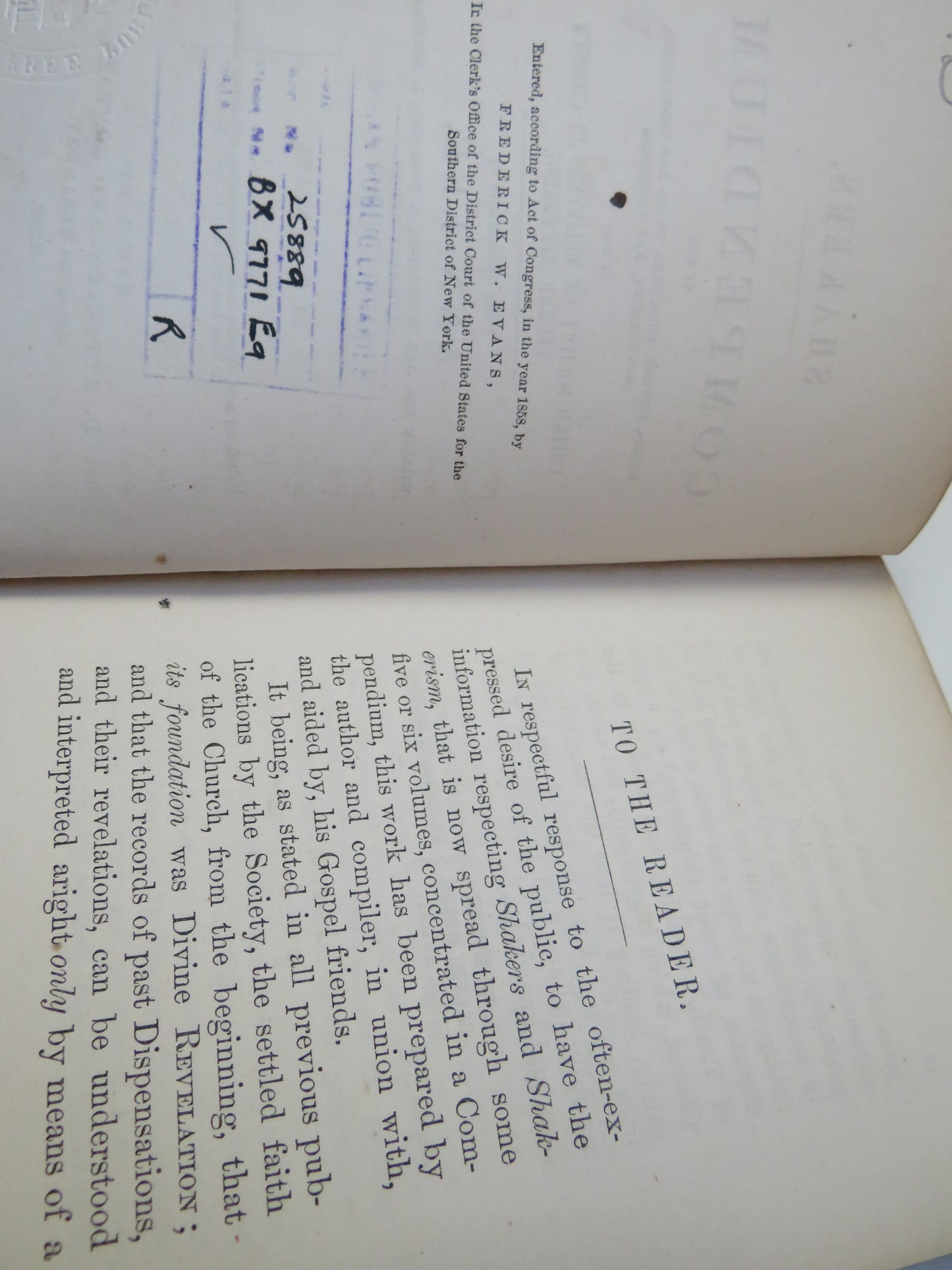 Shakers Compendium Of The Origin, History, Principles, Rules and Regulations, Government, and Doctrines of the United Society of Believers In Christs Second Appearing By F. W. Evans 1859