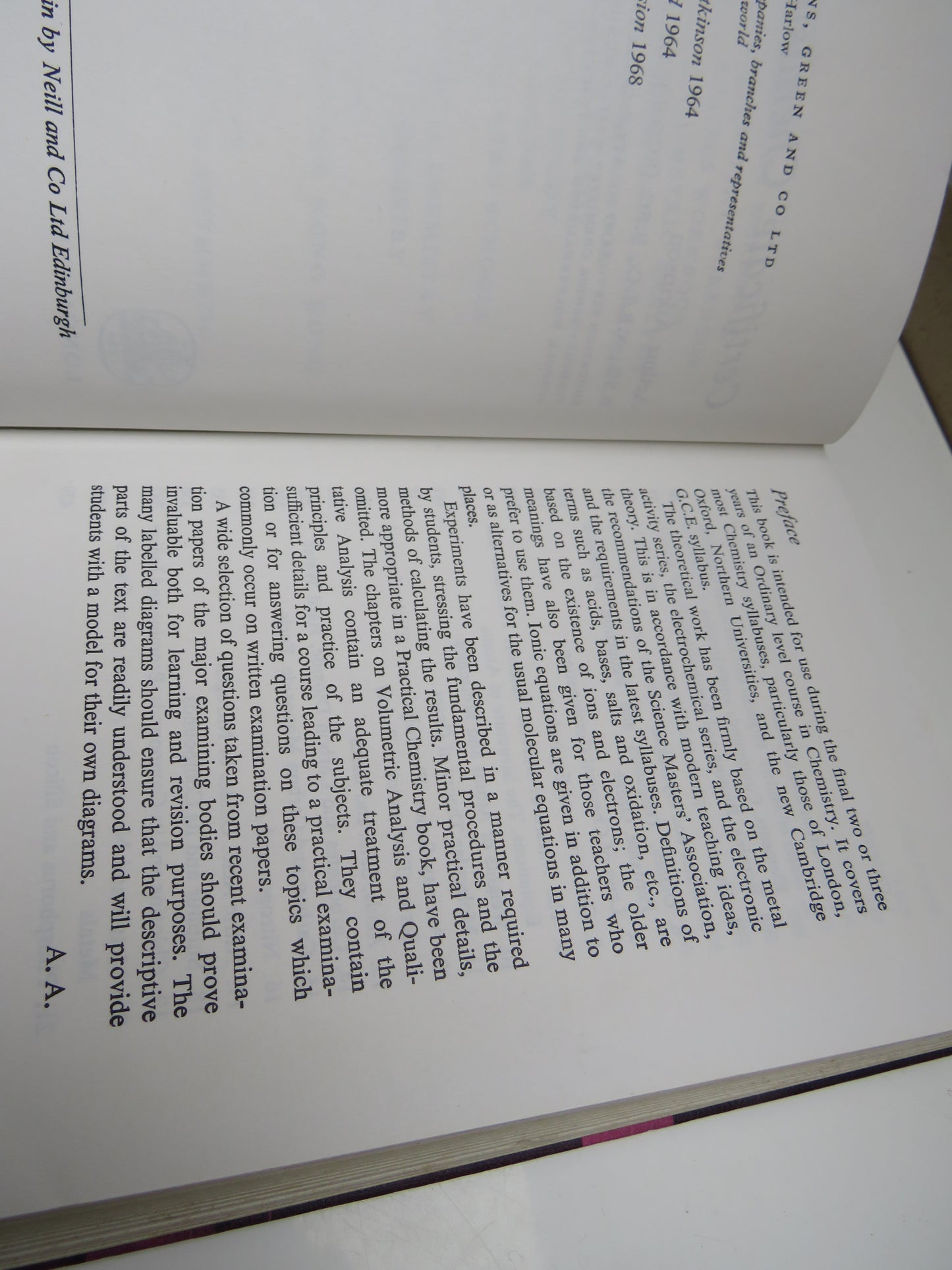 Certificate Chemistry By Arthur Atkinson 1968