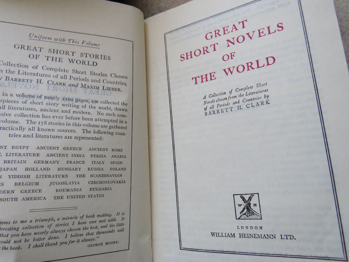 Great Short Novels Of The World A Collection of Complete Short Novels Chosen From The Literatures Of All Periods and Countries By Barrett H. Clark 1929