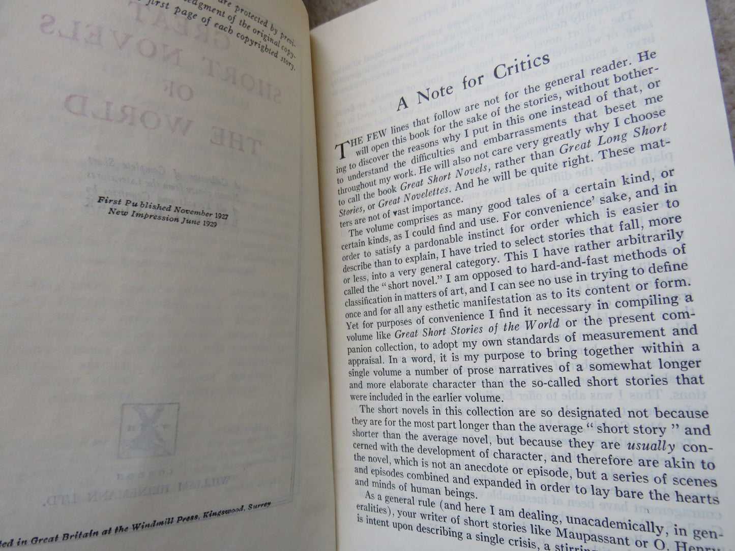 Great Short Novels Of The World A Collection of Complete Short Novels Chosen From The Literatures Of All Periods and Countries By Barrett H. Clark 1929