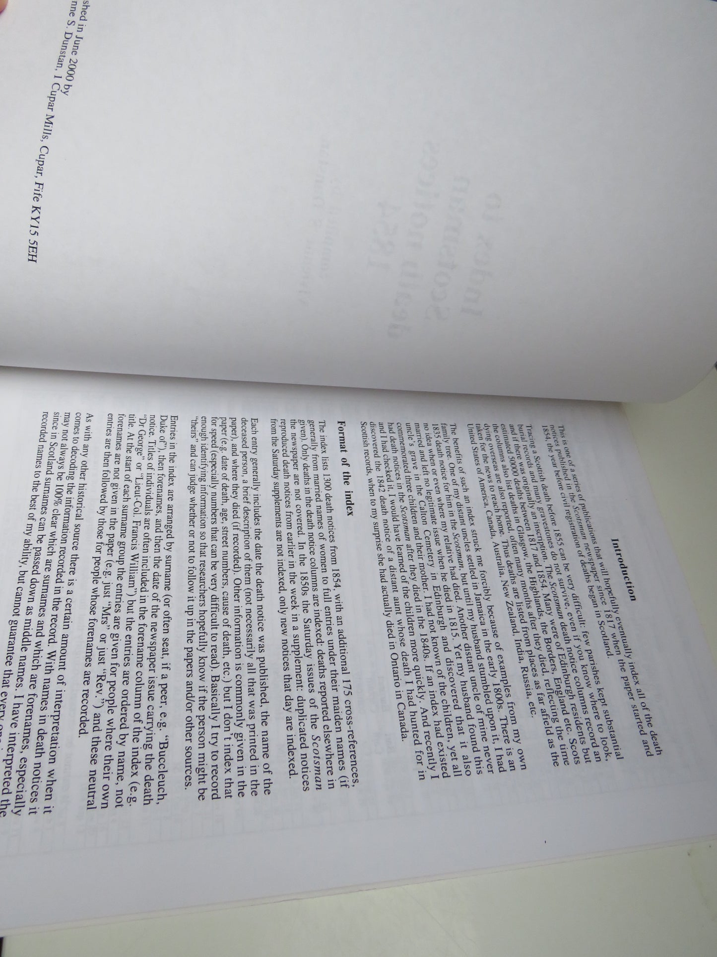 Index To Scotsman Death Notices 1854 Compiled By Vivienne S Dunstan 2000