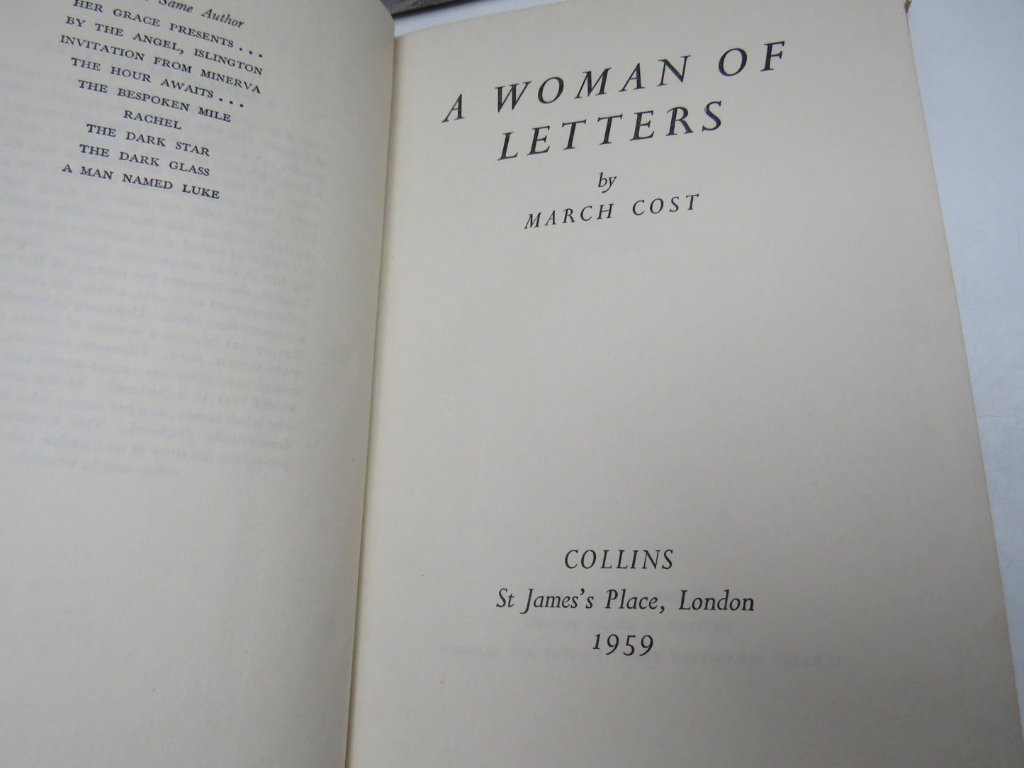A Woman of Letters By March Cost 1959 1st Edition