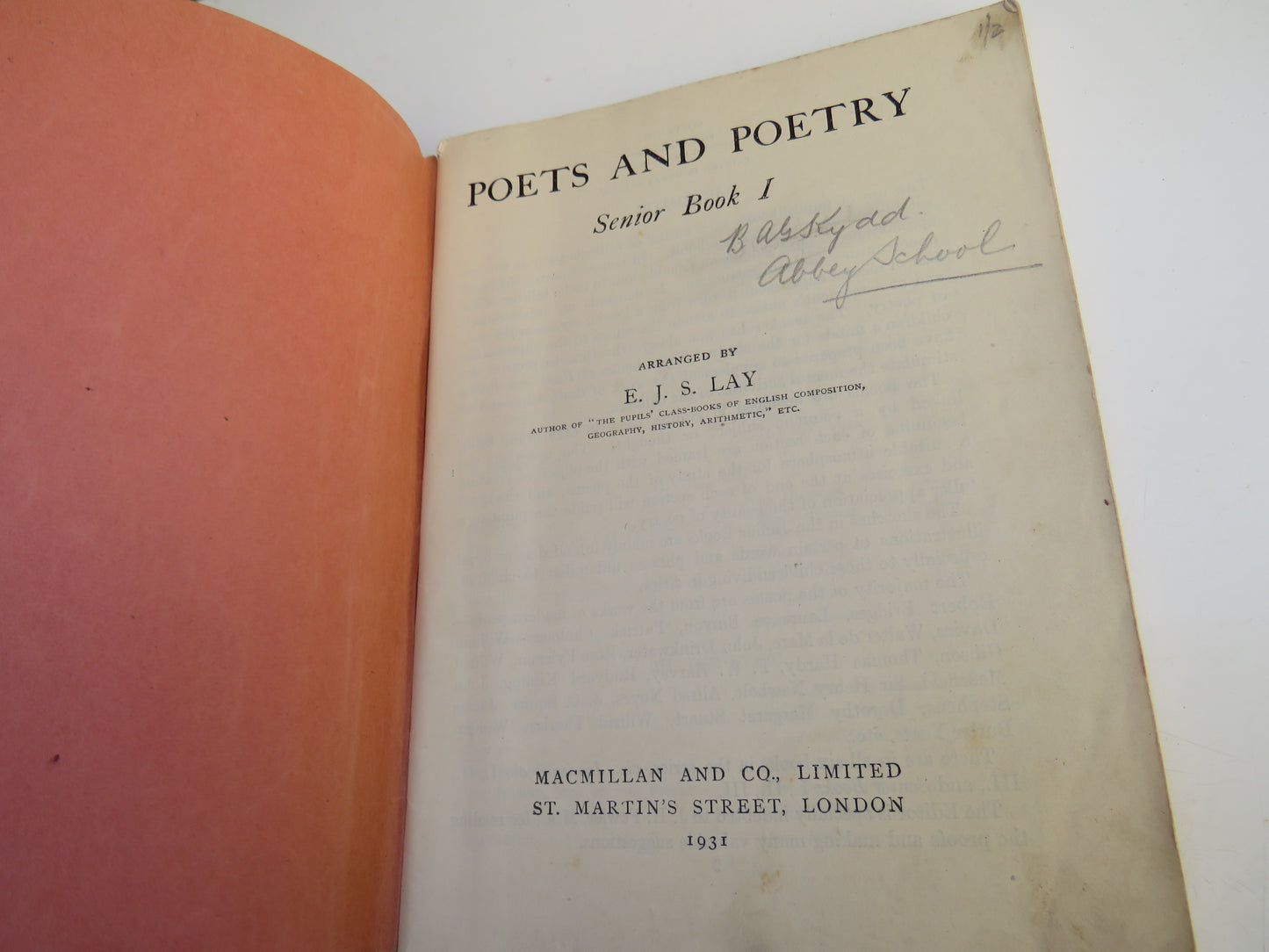 Poets and Poetry Senior Book I by E.J.S. Lay 1931