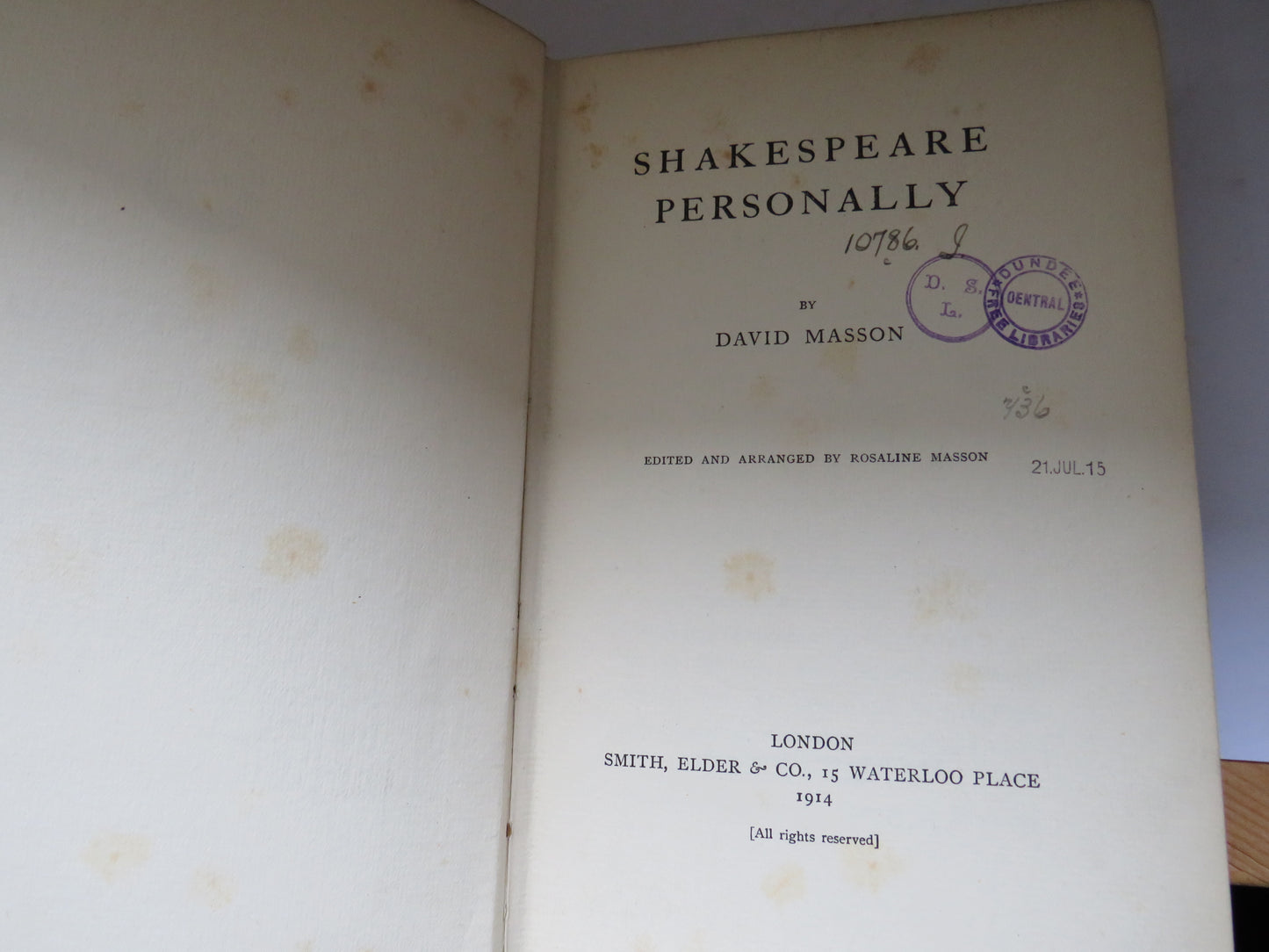 Shakespeare Personally By David Masson 1914