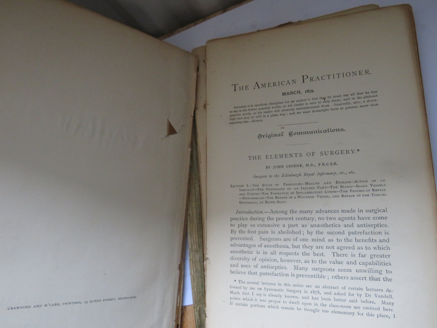 Lectures On The Elements Or First Principles of Surgery By John Chiene 1882