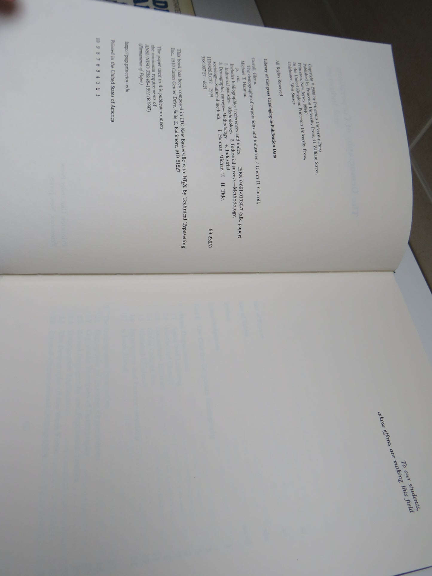 The Demography of Corporation and Industries By Glenn R. Carroll and Michael T. Hannan 2000