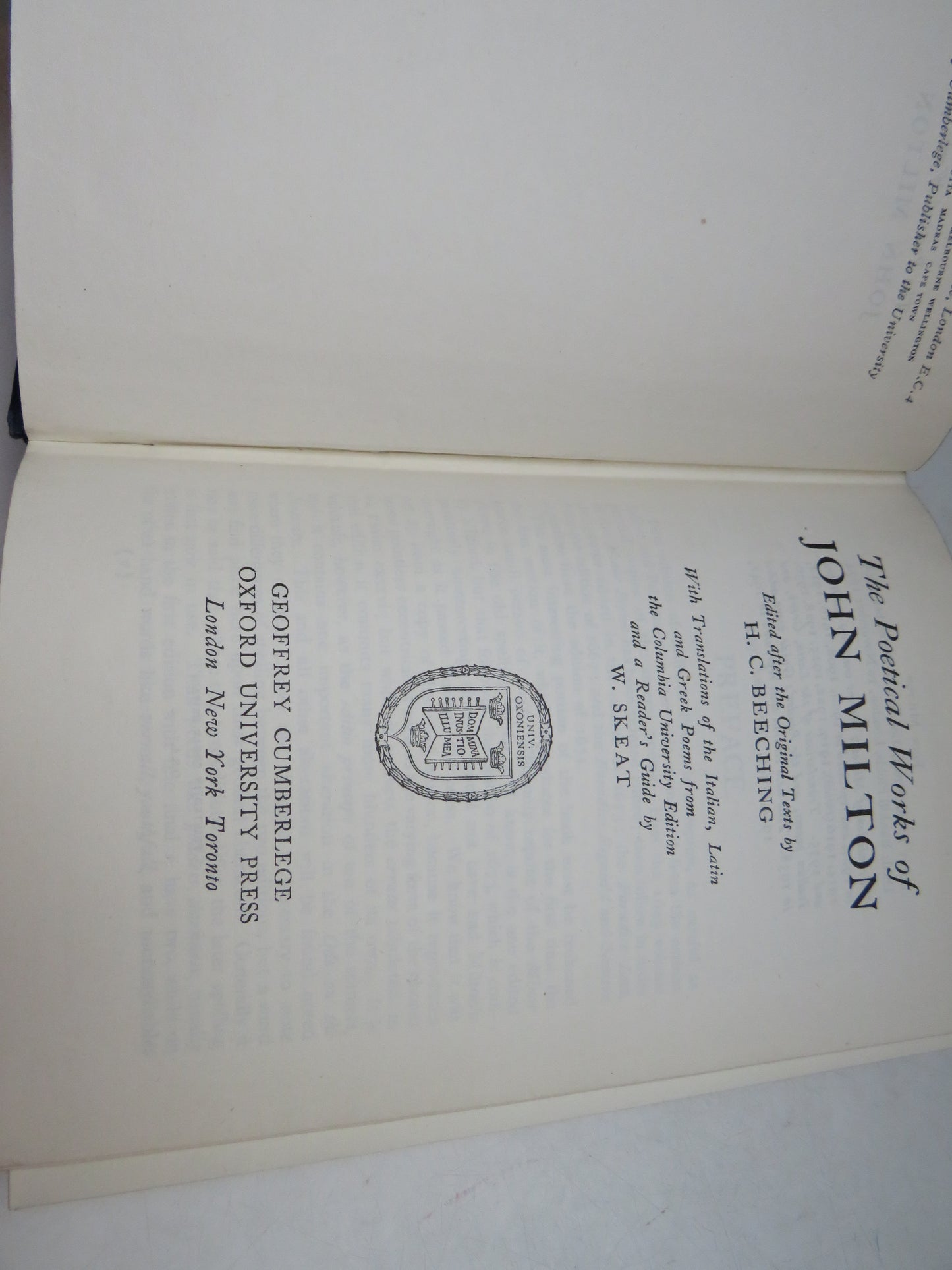 The Poetical Works of John Milton Edited After The Original Texts by H.C. Beeching 1952