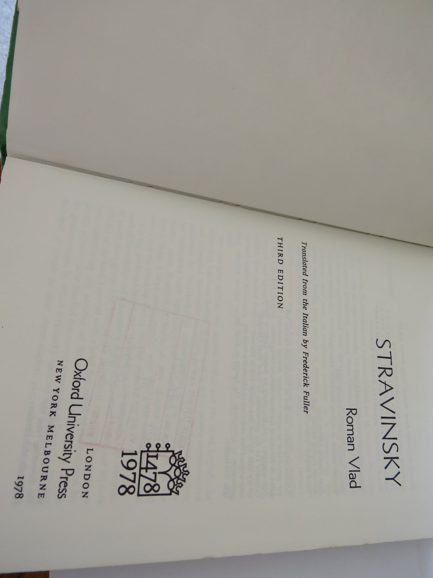 Stravinsky By Roman Vlad Translated From Italian By Frederick Fuller 3d Edition 1978
