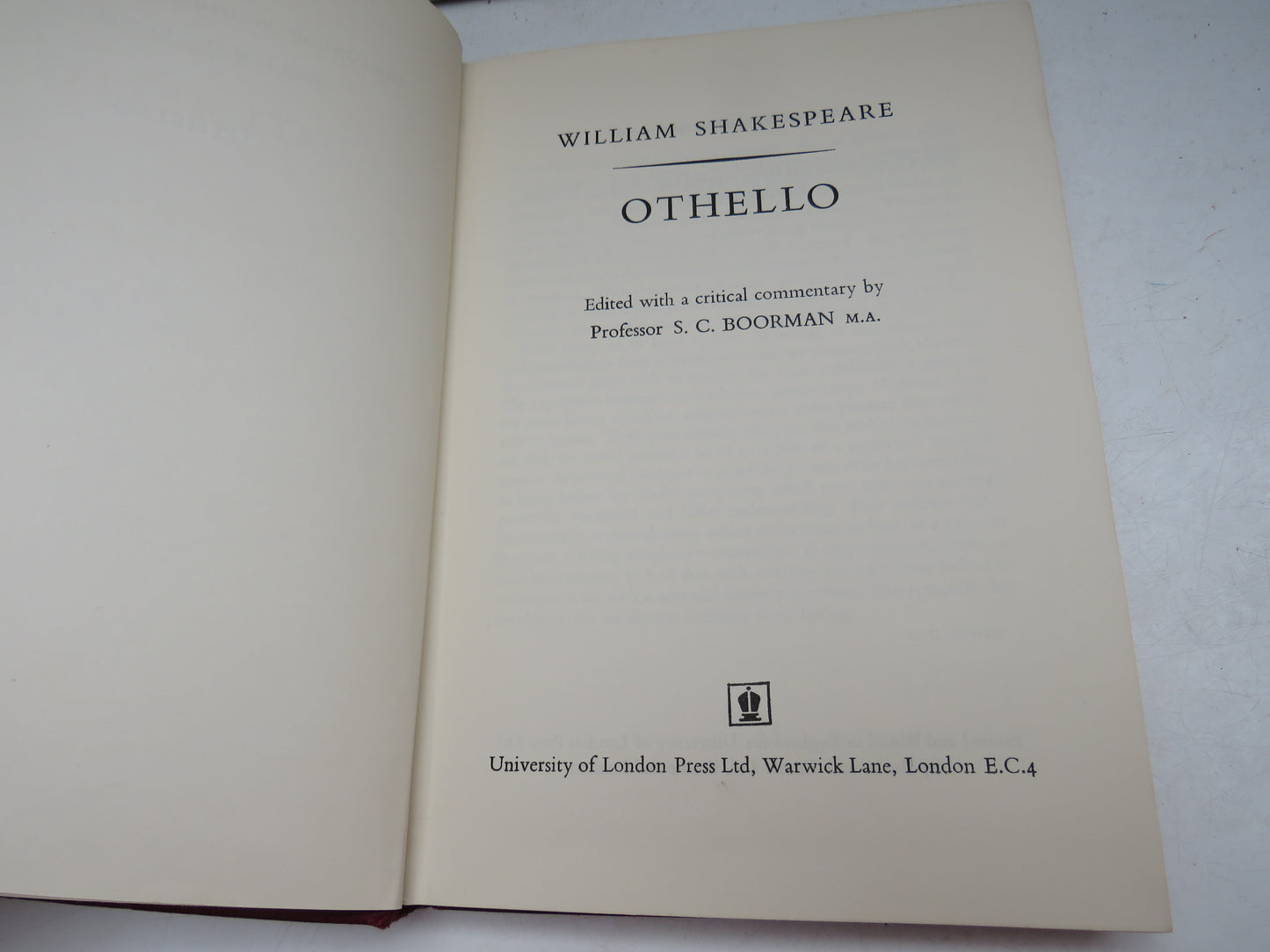 Othello By William Shakespeare Edited With A Critical Commentary By Professor S. C. Boorman 1967
