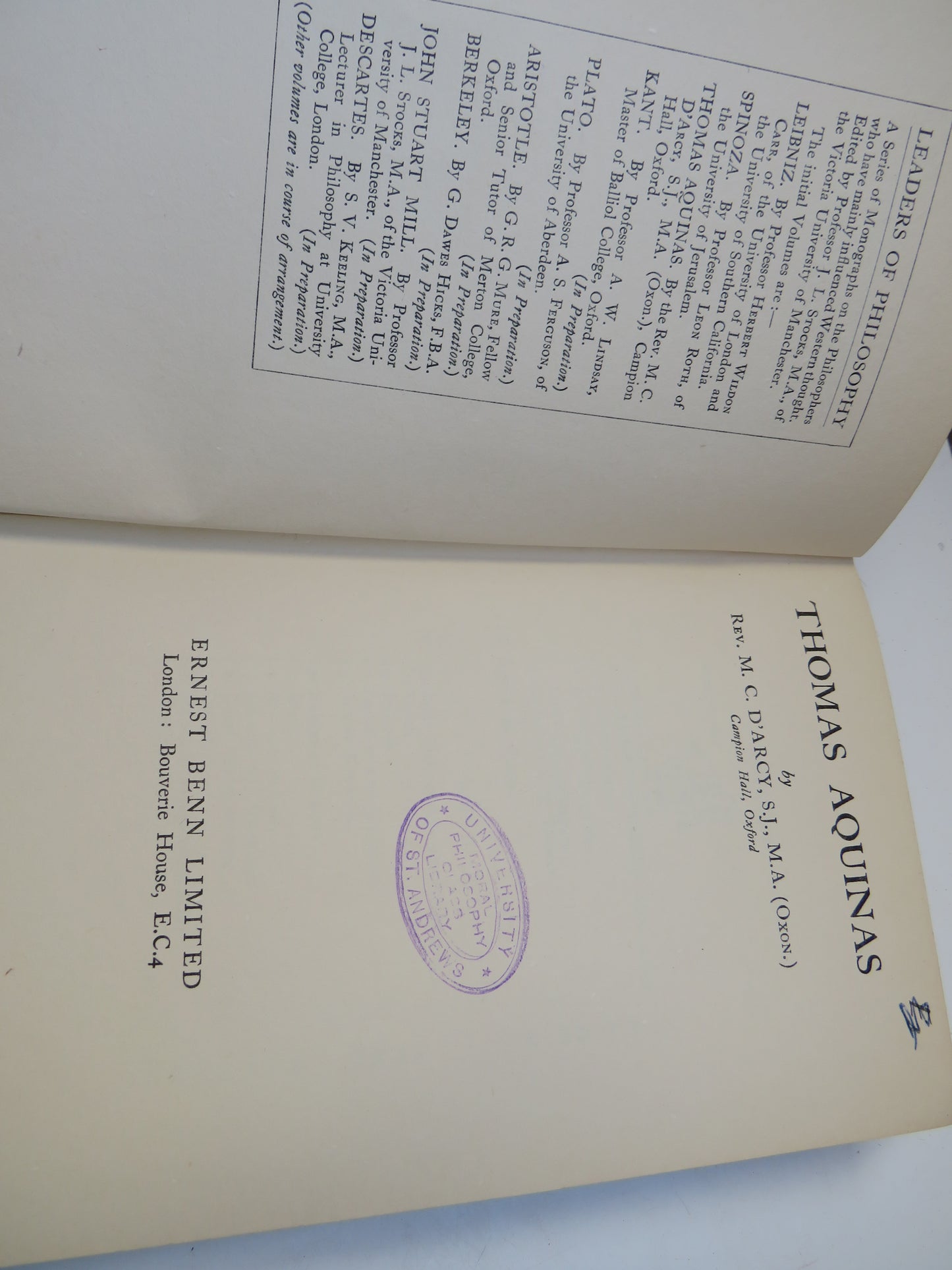 Thomas Aquinas By Rev. M. C. D'Arcy 1930 1st Edition