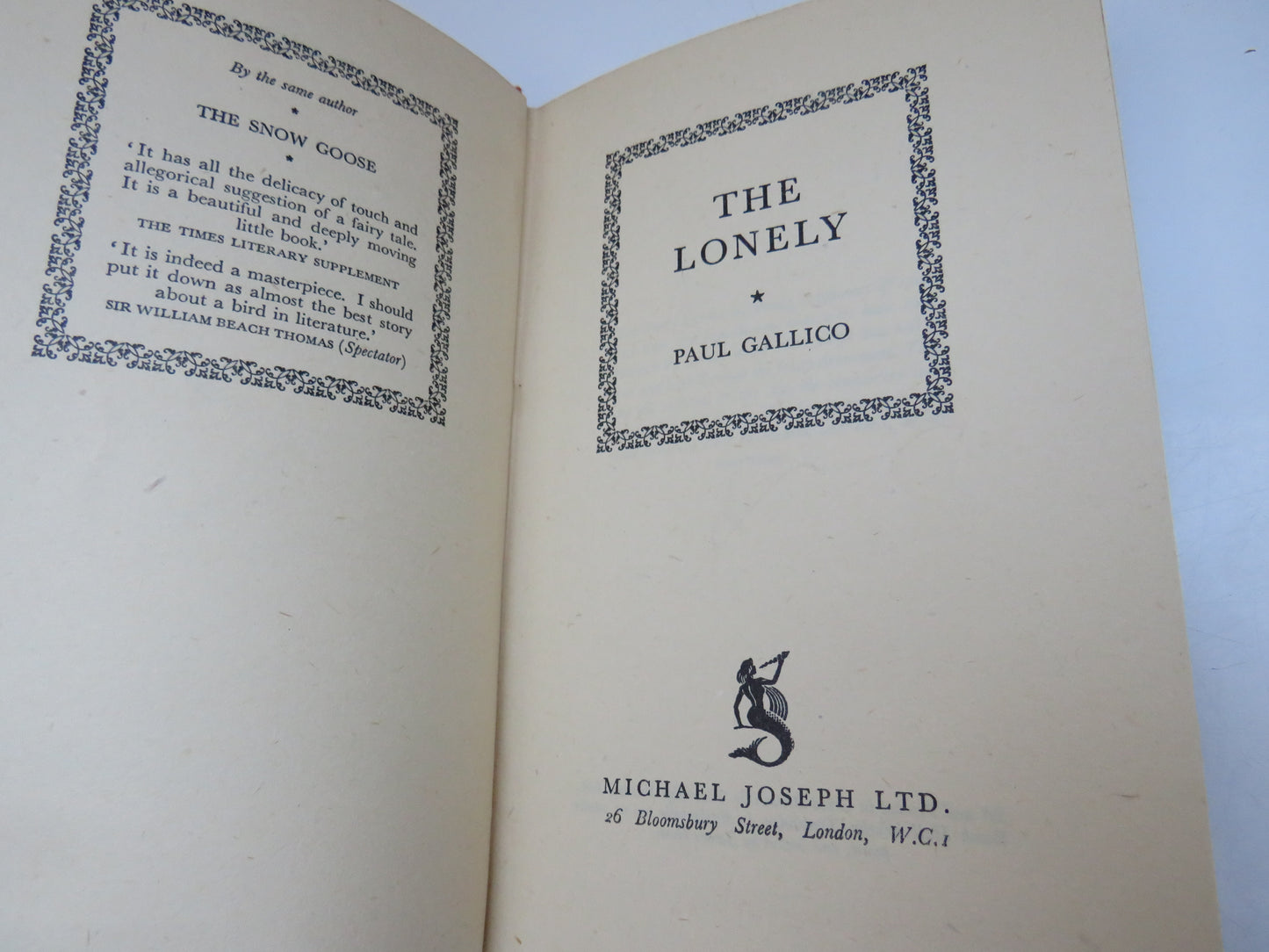 The Lonely By Paul Gallico 1947 1st Edition