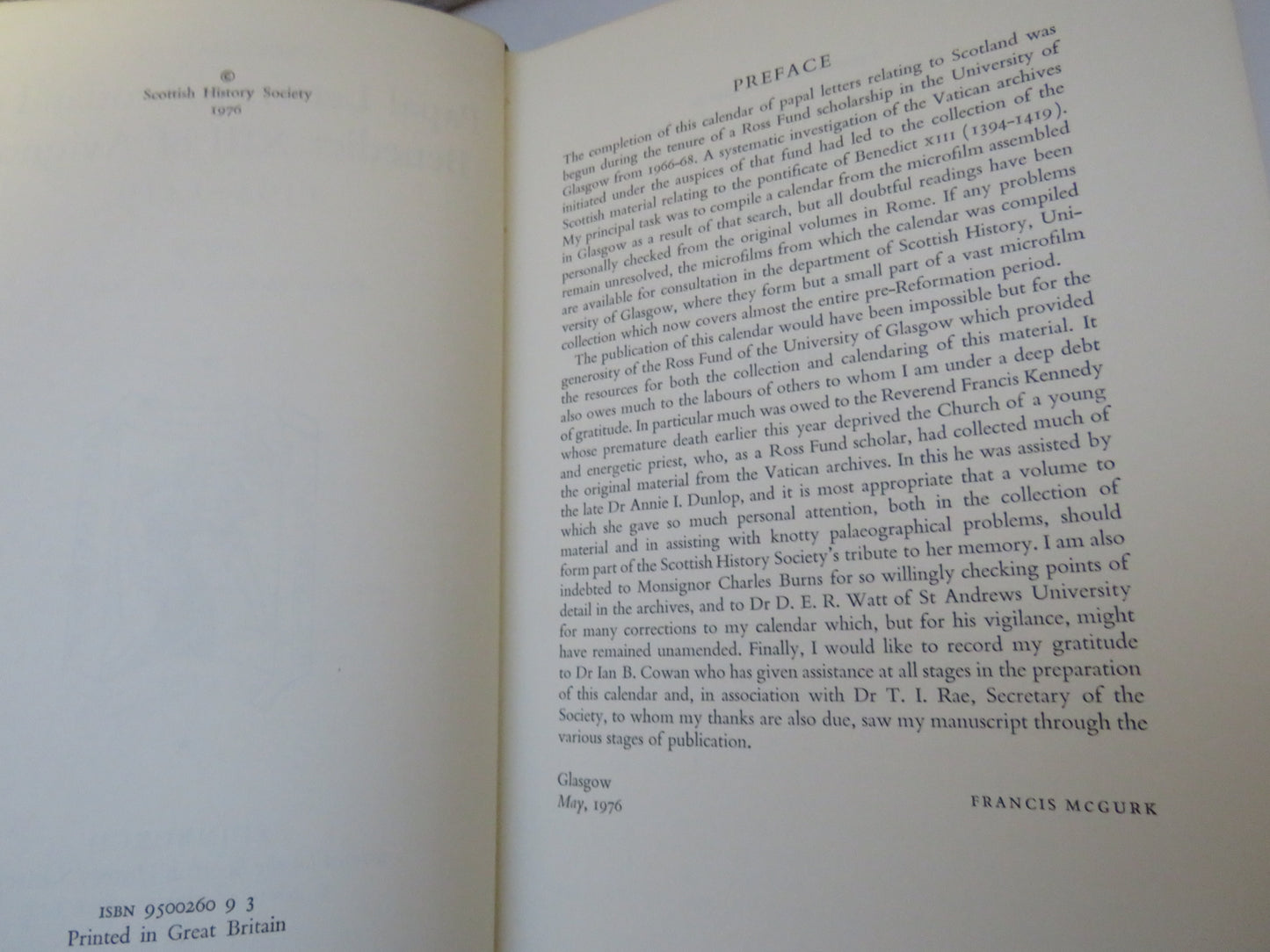 Calendar of Papal Letters To Scotland of Benedict XIII of Avignon 1394-1419 Edited By Francis McGurk 1970