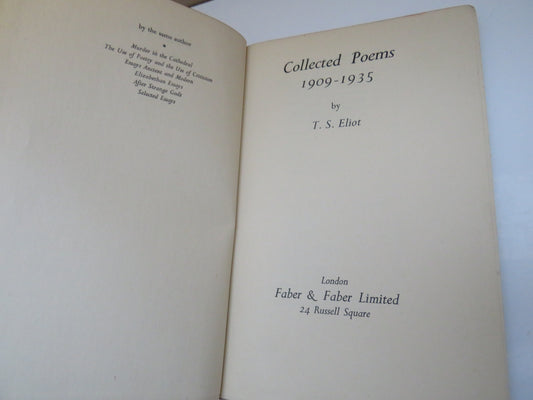 Collected Poems 1909-1935 By T.S. Eliot 1941