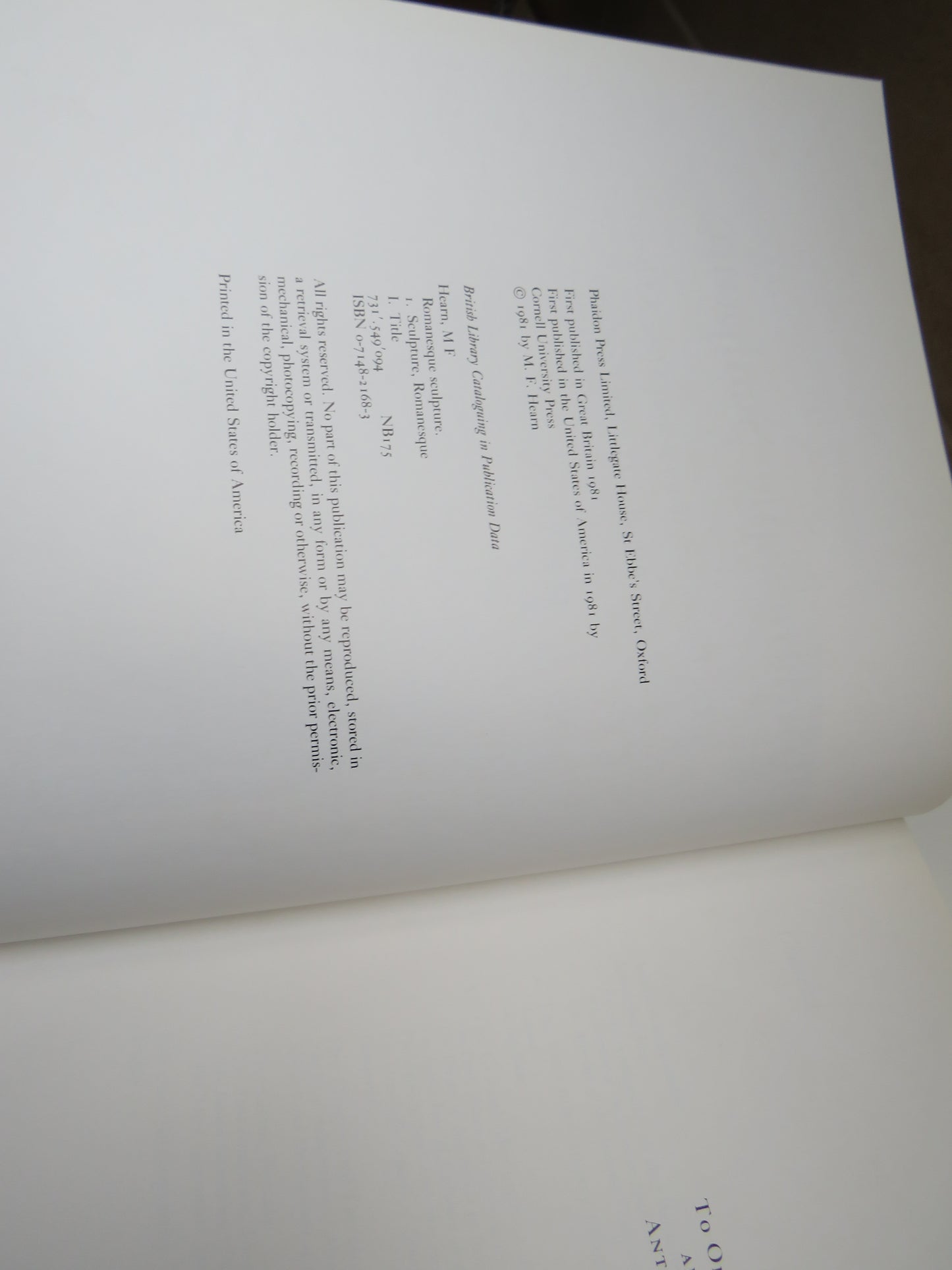 Romanesque Sculpture The Revival of Monumental Stone Sculpture In The Eleventh and Twelfth Centuries By M. F. Hearn 1981