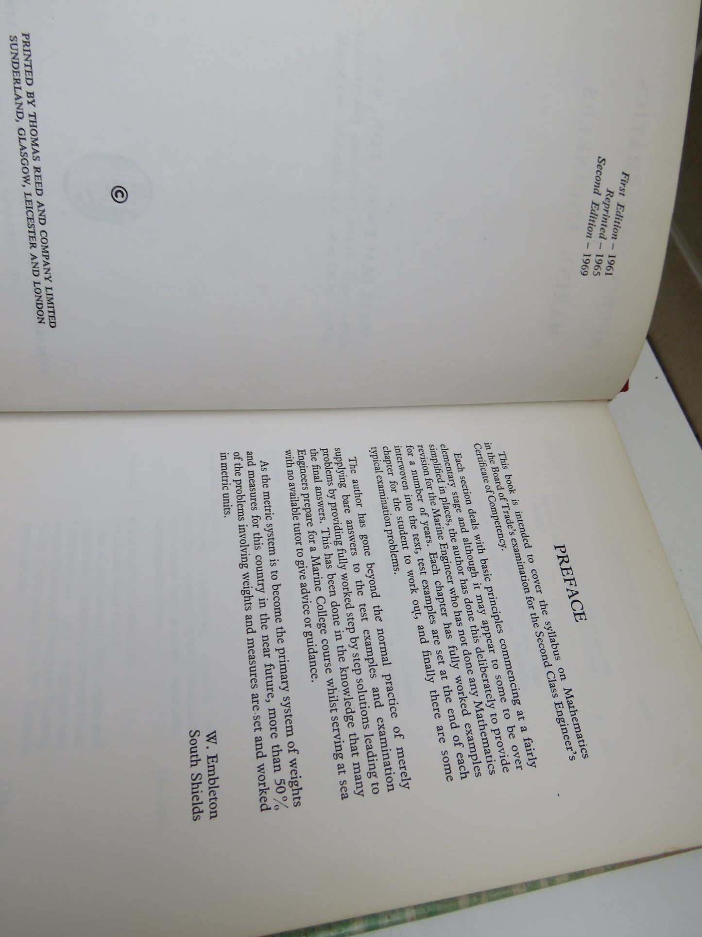 Reed's Mathematics for Marine Engineers Vol. I by William Embleton 1969