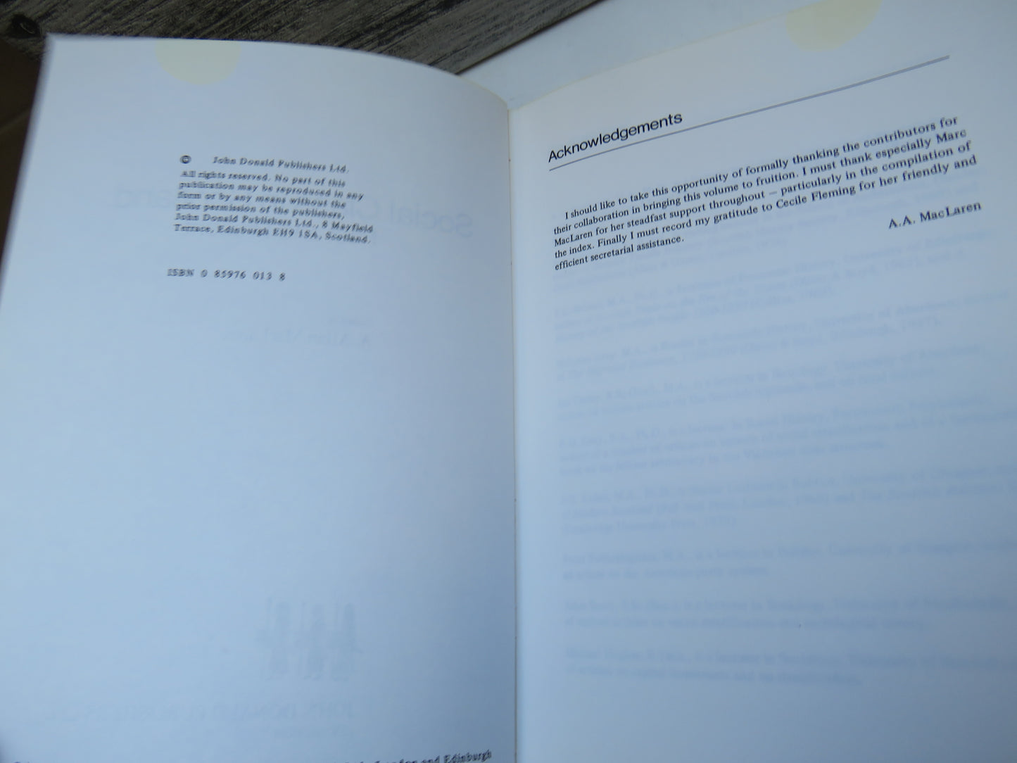 Social Class In Scotland: Past and Present Edited A. Allan MacLaren