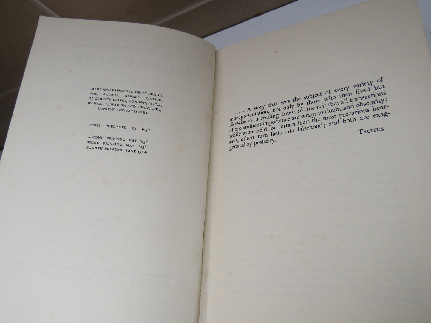 I, Claudius From The Autobiography of Tiberius Claudius Emperor of the Romans By Robert Graves 1934