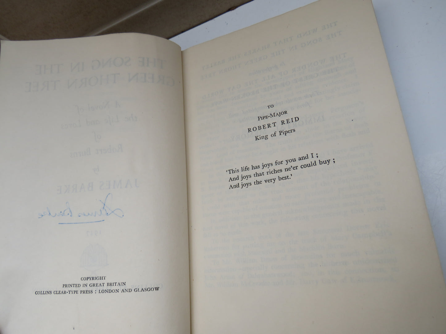 The Song In The Green Thorn Tree A Novel of the Life and Loves of Robert Burns By James Barke 1947 Author Signed 1st Edition
