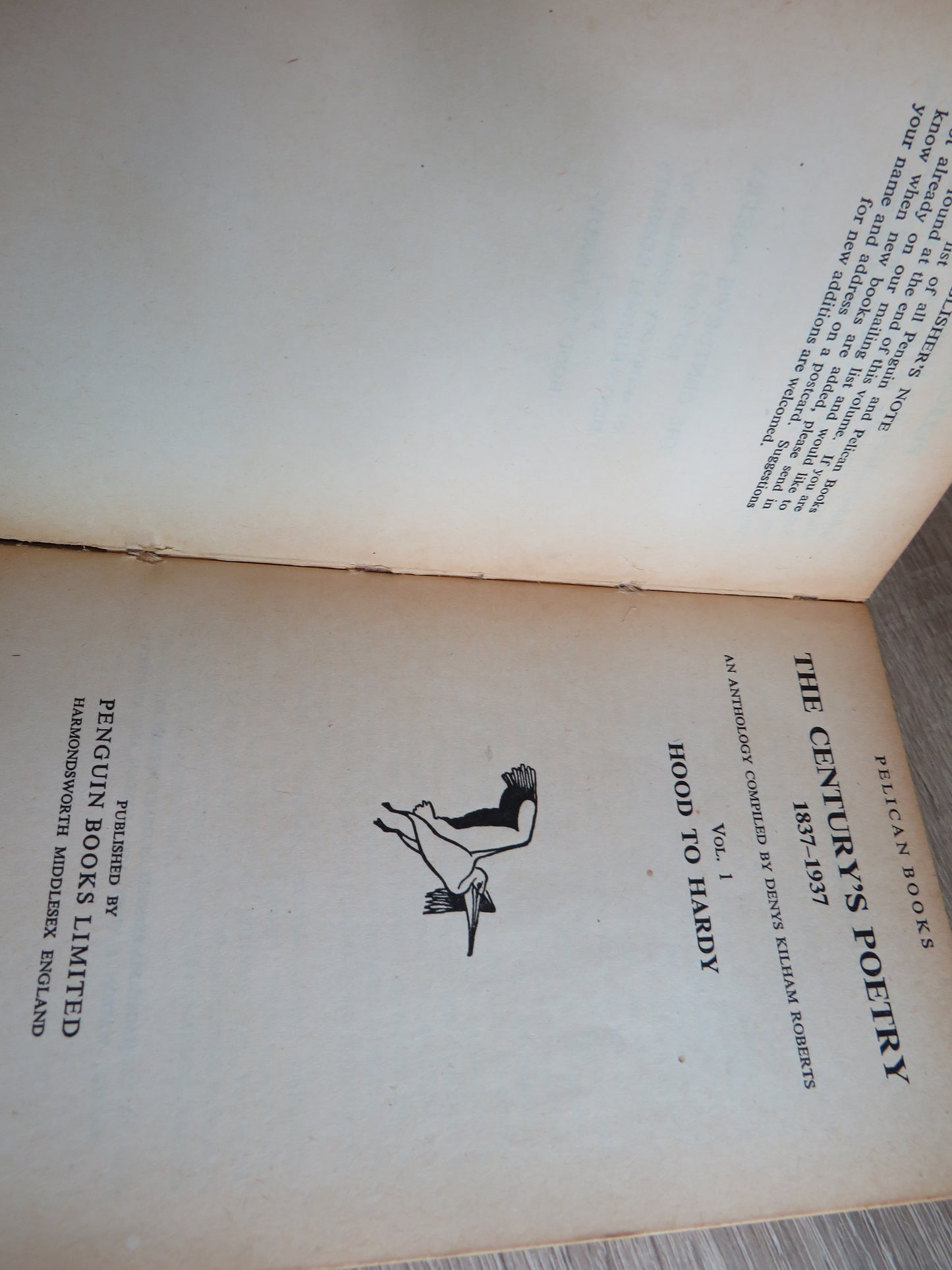 The Century's Poetry 1837-1937 An Anthology Compiled By Denys Kilham Roberts Vol. 1 Hood To Hardy Pelican Books