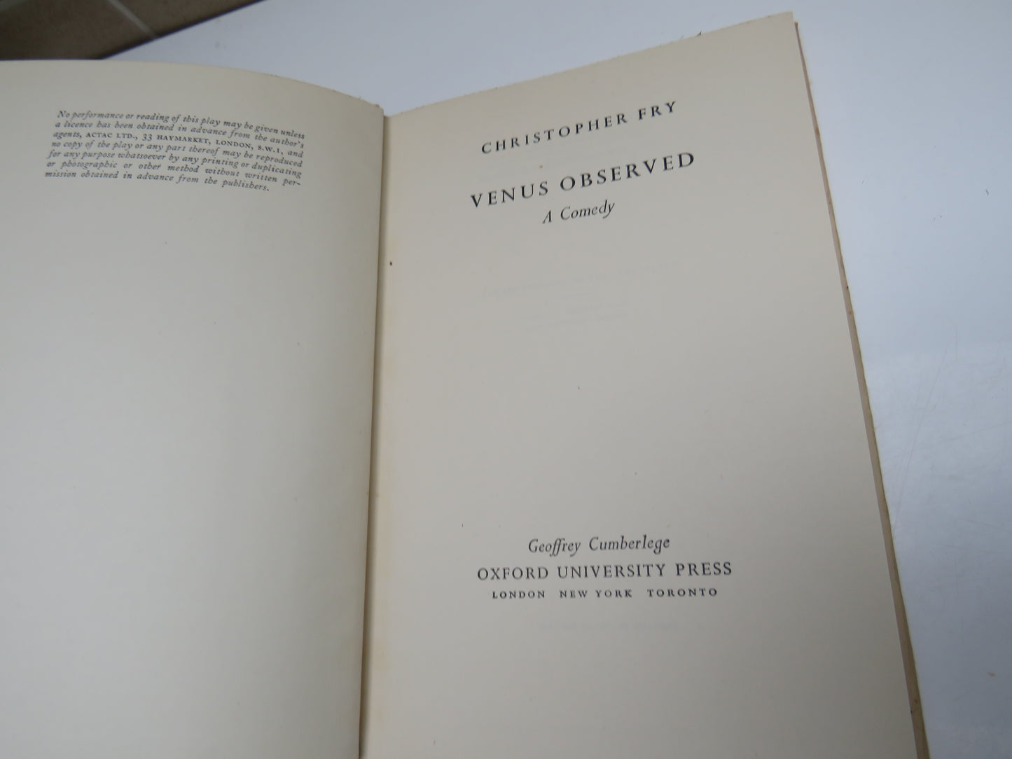 Venus Observed A Comedy By Christopher Fry 1954