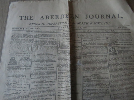The Aberdeen Journal January 5th, 1801 Original Antique Newspaper
