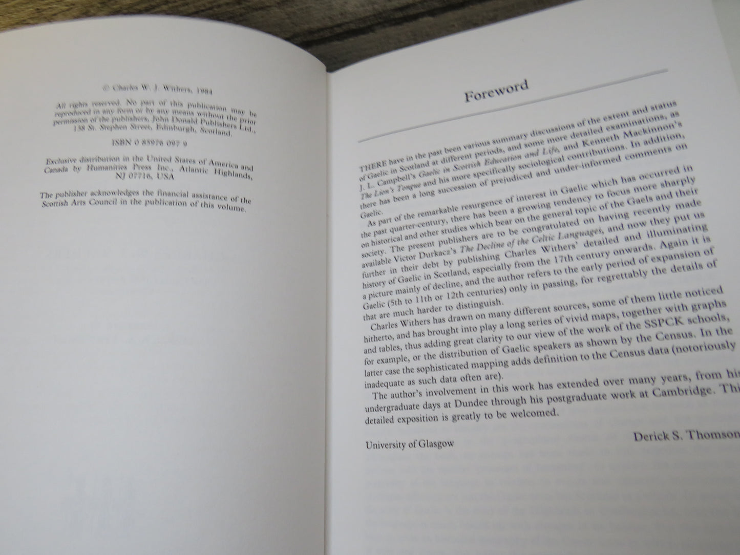 Gaelic In Scotland 1698-1981 The Geographical History of a Language By Charles W. J. Withers 1984