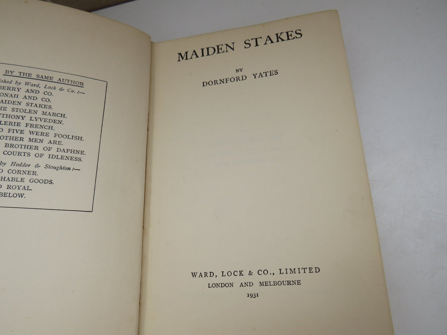 Maiden Stakes By Dornford Yates 1931 1st Edition